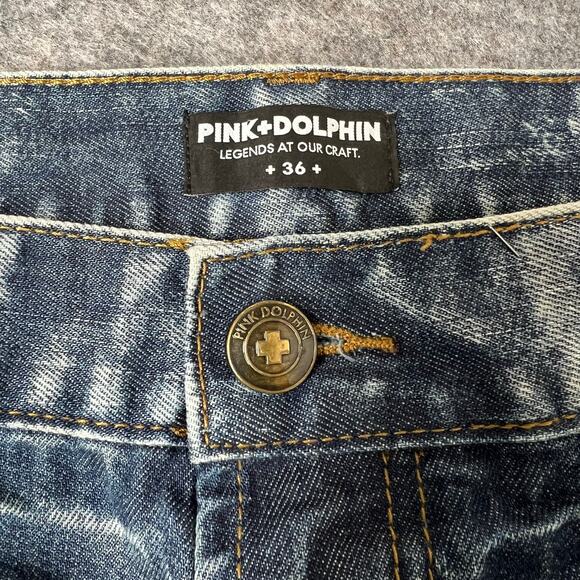 Pink Dolphin Mens Blue Denim Jeans Destructed Relaxed Ripped Thrashed Size 36 - Picture 5 of 16